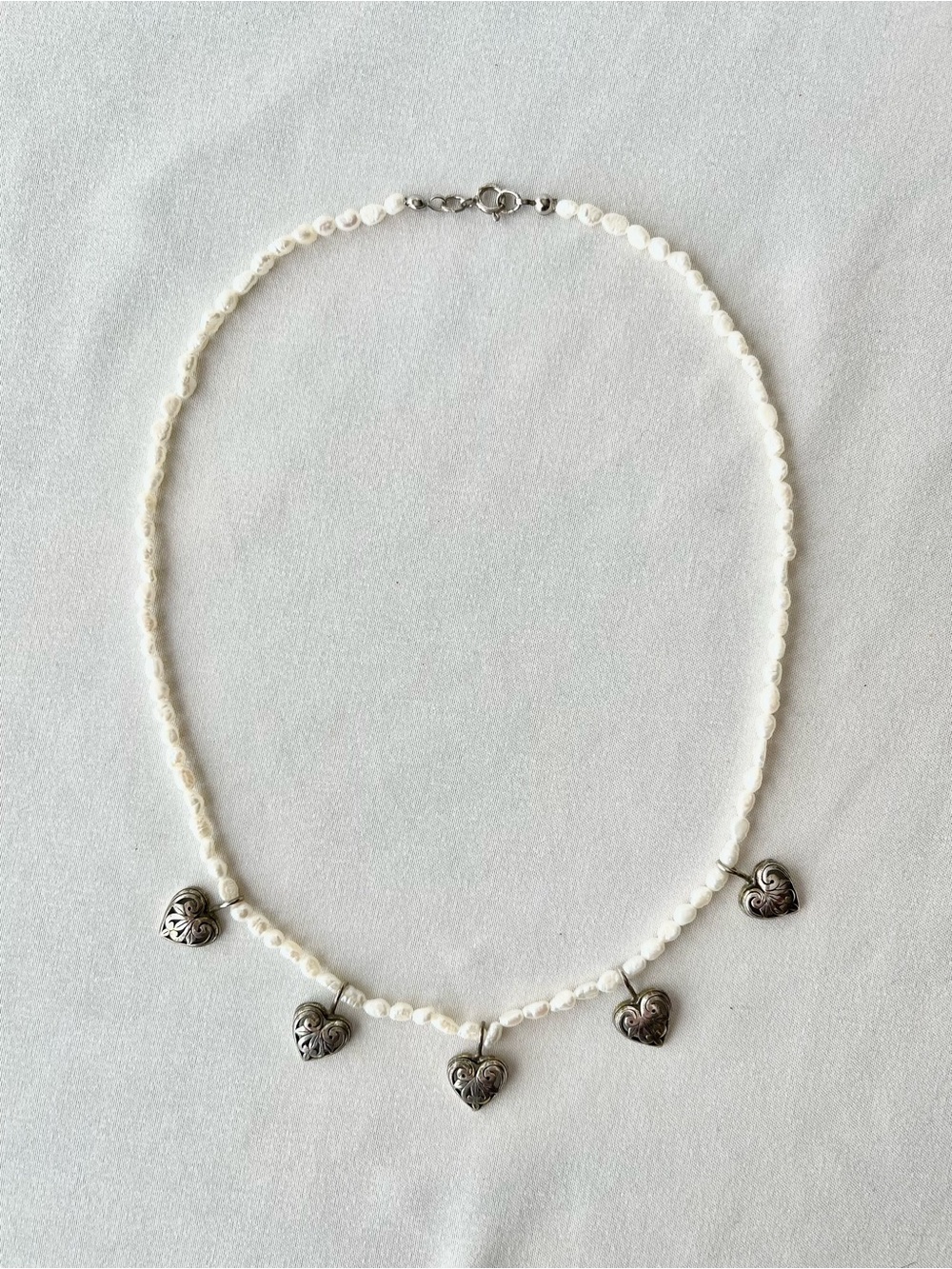 Vintage Jezlaine Sterling Silver Heart Charm Freshwater Pearl Necklace 17"